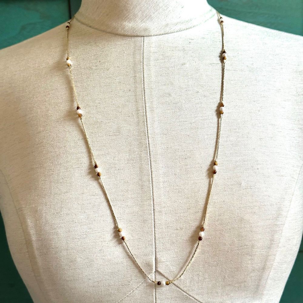 Gold Tone Faux Pearl Tiger Eye Necklace